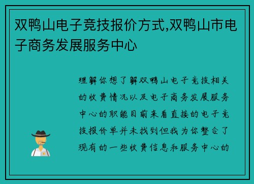 双鸭山电子竞技报价方式,双鸭山市电子商务发展服务中心